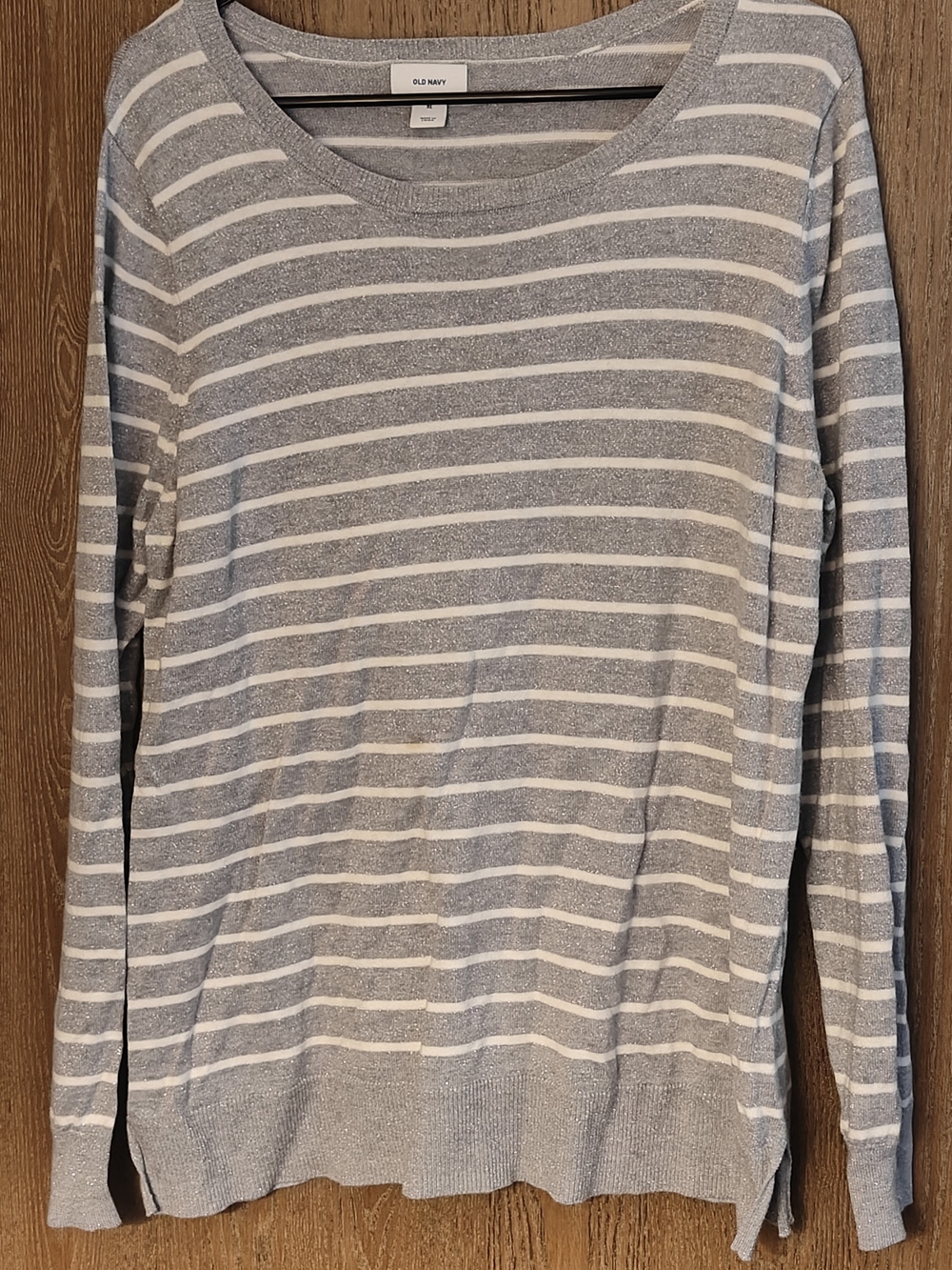 Old Navy Gray and White Striped Crewneck Sweater